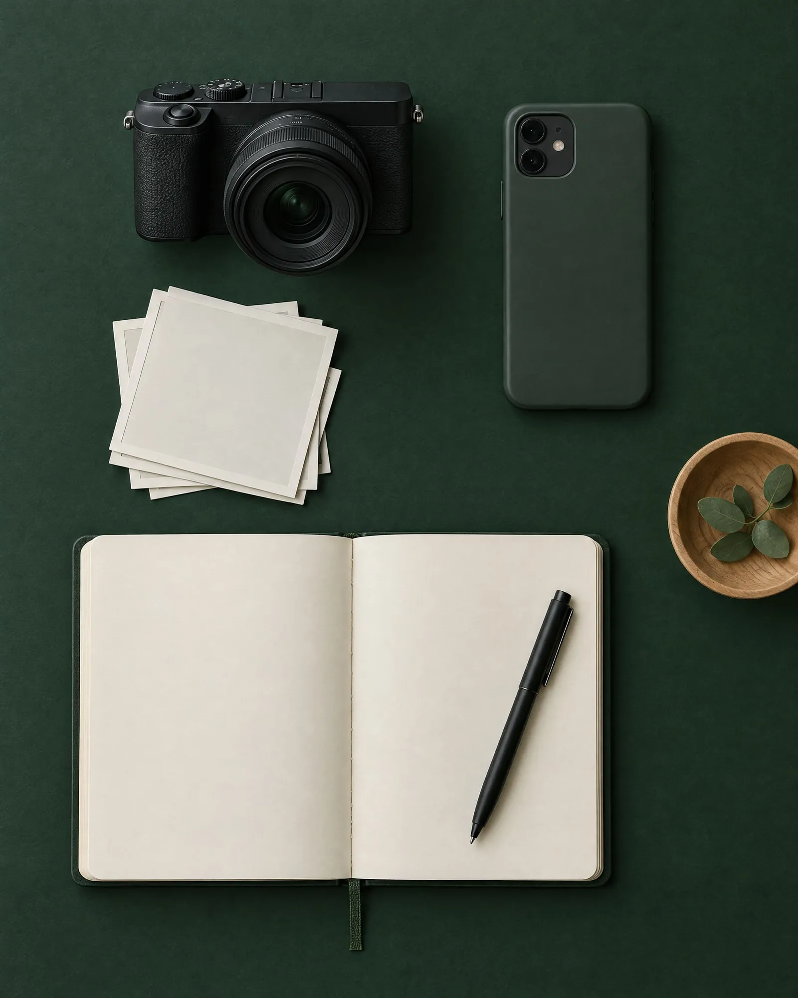 Kamera, Smartphone, Fotoabzüge und ein aufgeschlagenes Notizbuch auf dunkelgrünem Untergrund